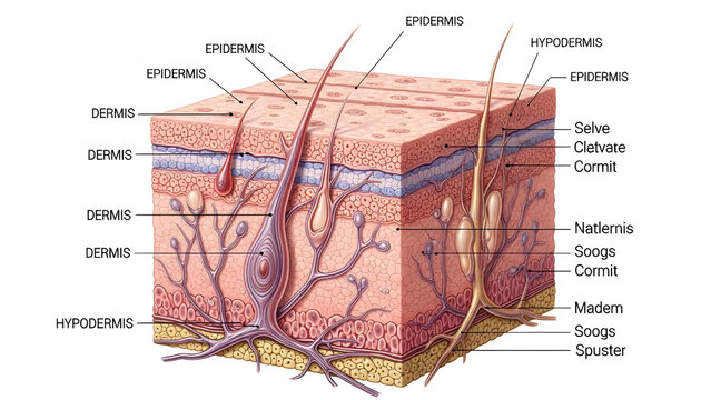 Detailed illustration of human skin layers and structure