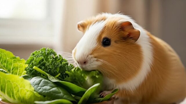 Adorable Guinea Pig Happily Munching Fresh Green Leafy Vegetables
