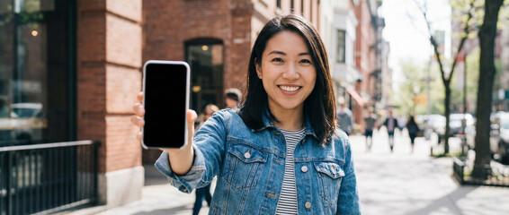 Happy Asian woman age 25–32, outdoor urban sidewalk background, presenting empty smartphone screen toward camera, bright natural light, modern lifestyle stock photo.