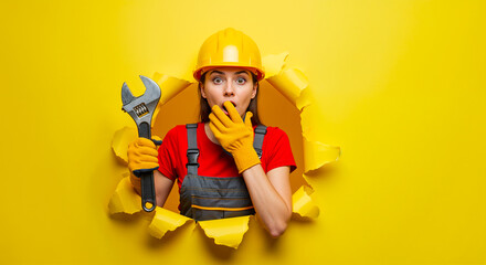 Shocked woman builder wearing helmet and gloves holding wrench emerging from torn paper background