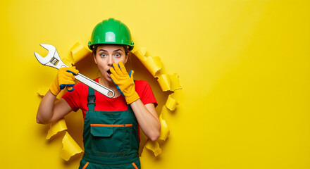 Shocked woman builder wearing helmet and gloves holding wrench emerging from torn paper background