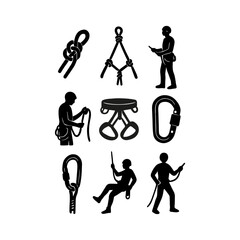 Climbing and rappelling gear with adventurer silhouettes icon set for outdoor sport