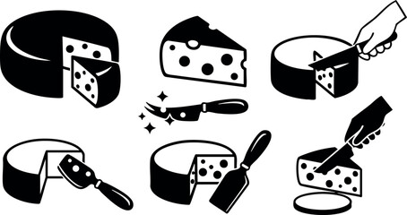 Cheese wheel cutting and serving vector icons set with knife and hand actions for food design and culinary use