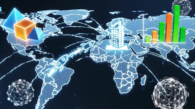 Global economic growth data visualization with digital world map and bar chart