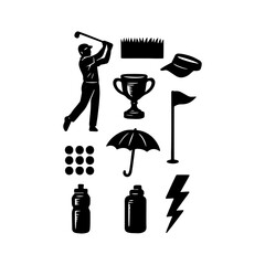 Golfer in action with various essential accessories and elements for a successful game