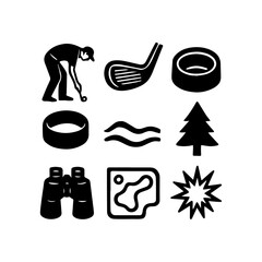 Outdoor adventure and sport icons with golf, nature, and exploration symbols