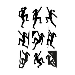 Dynamic silhouettes of female climbers in various challenging poses showcasing strength and adventure