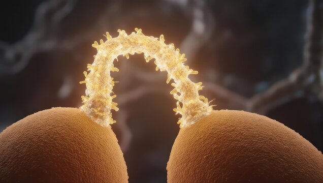 Close-up of two pollen grains connected by a filament.