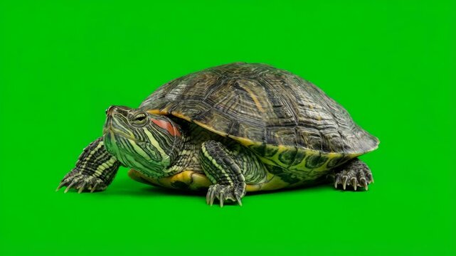 red eared turtle isolated on green screen for vfx projects video