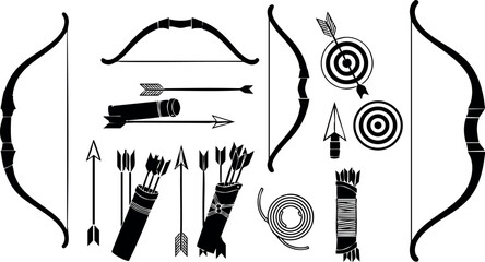 Archery equipment set with bows arrows targets and quivers black silhouette vector illustration