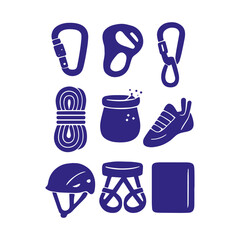 Modern rock climbing and mountaineering gear vector icons set for outdoor adventure