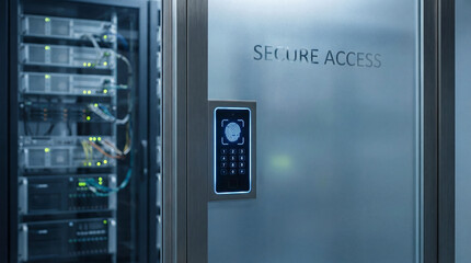 The server room door features a secure access system with a fingerprint scanner. Network servers hum behind the frosted glass, guarded by cutting-edge technology.