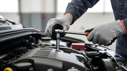 An auto mechanic working on a car engine in a garage, using a socket wrench to tighten a bolt, showcasing expertise and automotive repair skill.