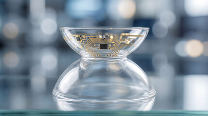 A sleek, clear contact lens displays embedded electronic components. Tiny circuits and microchips rest on the lens, suggesting innovative vision enhancement.