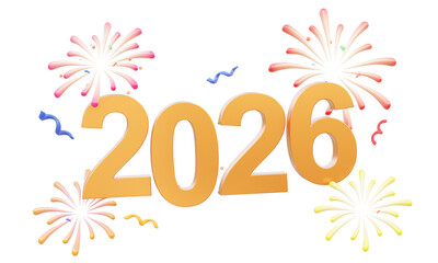 Celebration fireworks happy new year 2026 on isolated transparent background. Party holiday poster banner design element. 3d rendering illustration