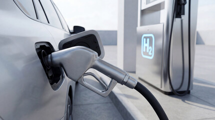 A sleek silver car is at a modern hydrogen station, taking on H2 fuel. The futuristic station gleams in the daylight as the nozzle connects to the car.