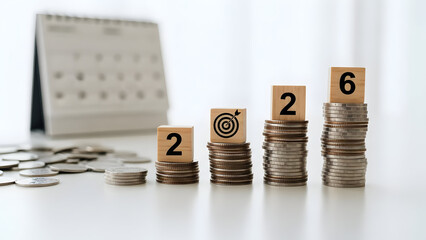 Visualize financial growth with stacked coins and target blocks, symbolizing success in achieving goals and milestones on a white surface, with a calendar.