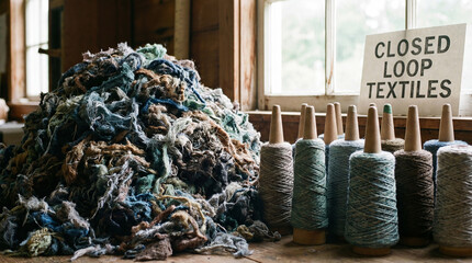 A mountain of colorful wool sits next to cones of yarn in a sunny workshop. A sign reading Closed Loop Textiles suggests a place of mindful creation and resourcefulness.