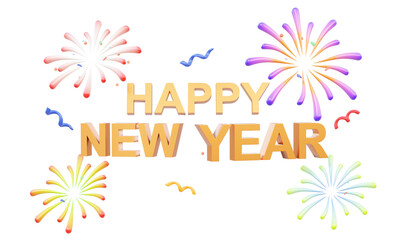 Happy new year party celebration fireworks colorful on isolated transparent background. Holiday annual event poster banner design symbol element. 3d rendering illustration