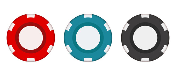 Gambling chips. Red, blue, and black chips. Vector illustration isolated on a white background.