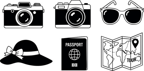 Travel essentials vector set with camera sunglasses hat passport and map icons for vacation and tourism design