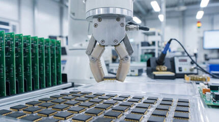 In a modern factory, a robotic arm is carefully placing a microchip on a tray filled with components, showcasing the future of electronics assembly.