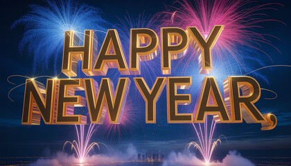 Happy New Year 3D Golden Text with Colorful Fireworks and City Skyline