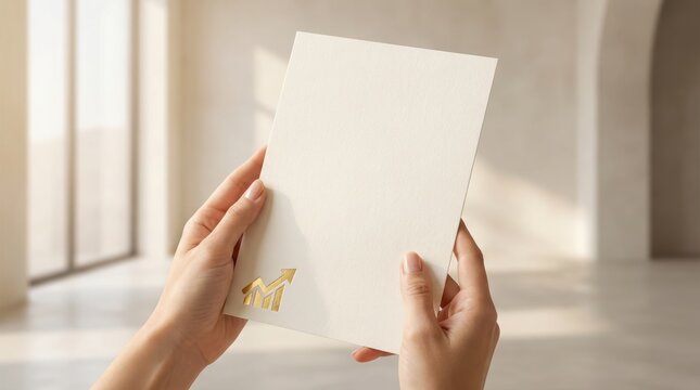 Hands holding blank paper with small house icon in bright interior - Powered by Adobe