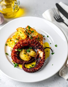 Polvo &agrave; lagareiro con papas al horno y aceite de oliva en un plato t&iacute;pico de la cocina portuguesa