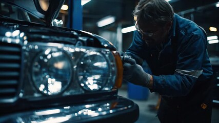Medium shot of a mechanic carefully removing a damaged headlight assembly preparing for a new light replacement to ensure safety.