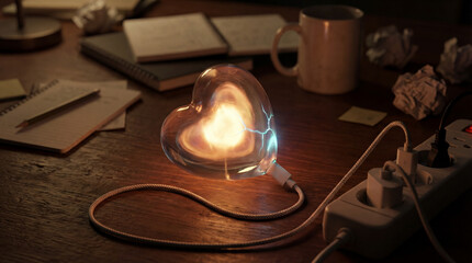 A heart-shaped light, shining brightly, sits among papers, a mug, and an outlet on a wooden desk, casting a warm glow. The scene evokes a feeling of creativity and love.