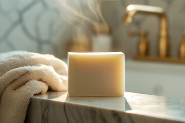 Minimalist square soap bar steaming on elegant marble bathroom ledge next to soft towel golden faucet in background