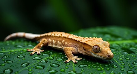 Brown Gecko on Green Leaf with Water Droplets in Nature
