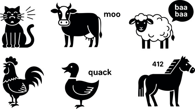 Farm Animals with Speech Bubbles Including Cat Cow Sheep Rooster Duck and Horse Vector Illustration