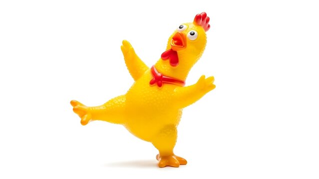 A blurry toy chicken in a dancing pose on a white background