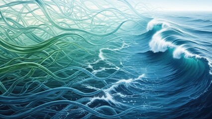 Abstract ocean waves with flowing tendrils in dynamic seascape art