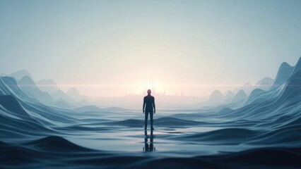 Silhouetted figure on cosmic ocean facing futuristic sunrise