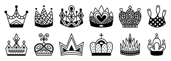 Black line crown icon vector set, outline elegant award signs. Monochrome royal prince and princess authority cliparts, luxury king and queen aristocracy pictograms with editable stroke © O.M-lova