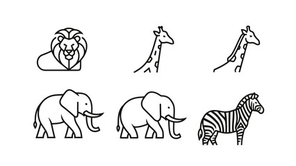 Safari Wildlife Icon Set Lion Elephants Giraffes Zebra Line Art Collection © Icon Lab