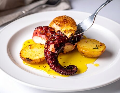Polvo &agrave; lagareiro is a Portuguese dish featuring grilled octopus served with roasted potatoes and olive oil on a clean plate