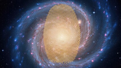 Golden fingerprint over cosmic spiral galaxy backdrop