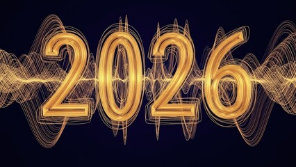 Golden 2026 with vibrant sound waves on dark background