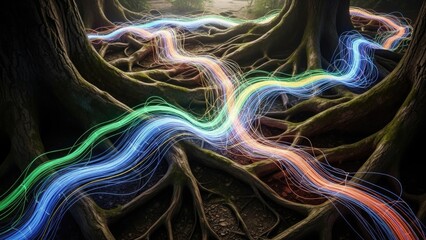 Colorful light streams flowing through forest tree roots