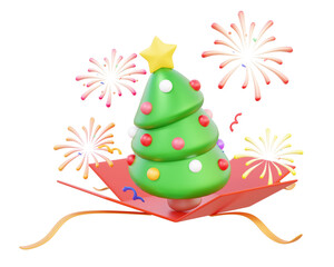 Gift box open with christmas tree party surprise isolated on transparent png background. Banner xmas holiday celebration design. 3d render illustration