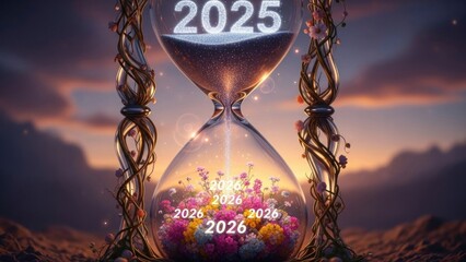 Hourglass with glittering 2025 and blossoming flowers for 2026 transition