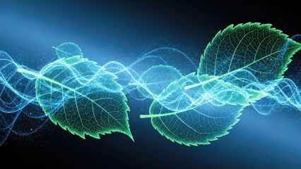 Futuristic glowing green leaves with blue energy waves on dark background