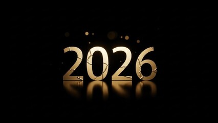 Glowing golden 2026 numbers with cracks and reflections on black background