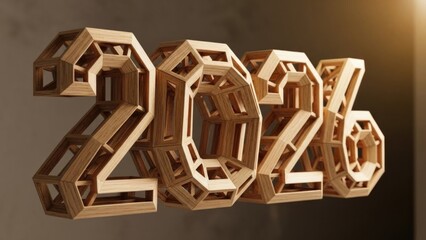 Intricate wooden geometric structure forming the year 2026 design