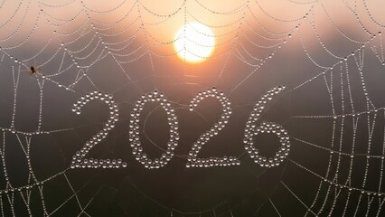 Sunrise through dew-covered spiderweb with 2026 in droplets