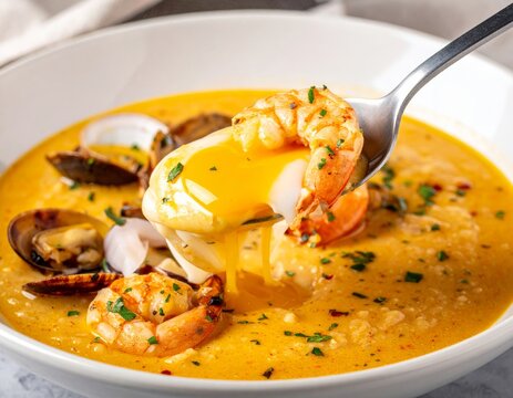 Enjoying A&ccedil;orda de Marisco, a traditional dish from Portuguese cuisine, served in a clean studio environment